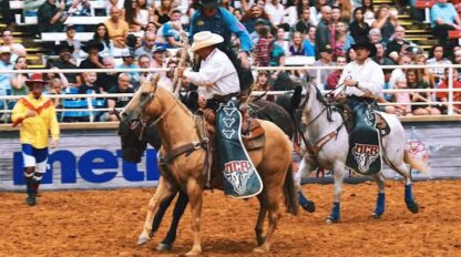 A group of cowboys riding horses in a rodeo.