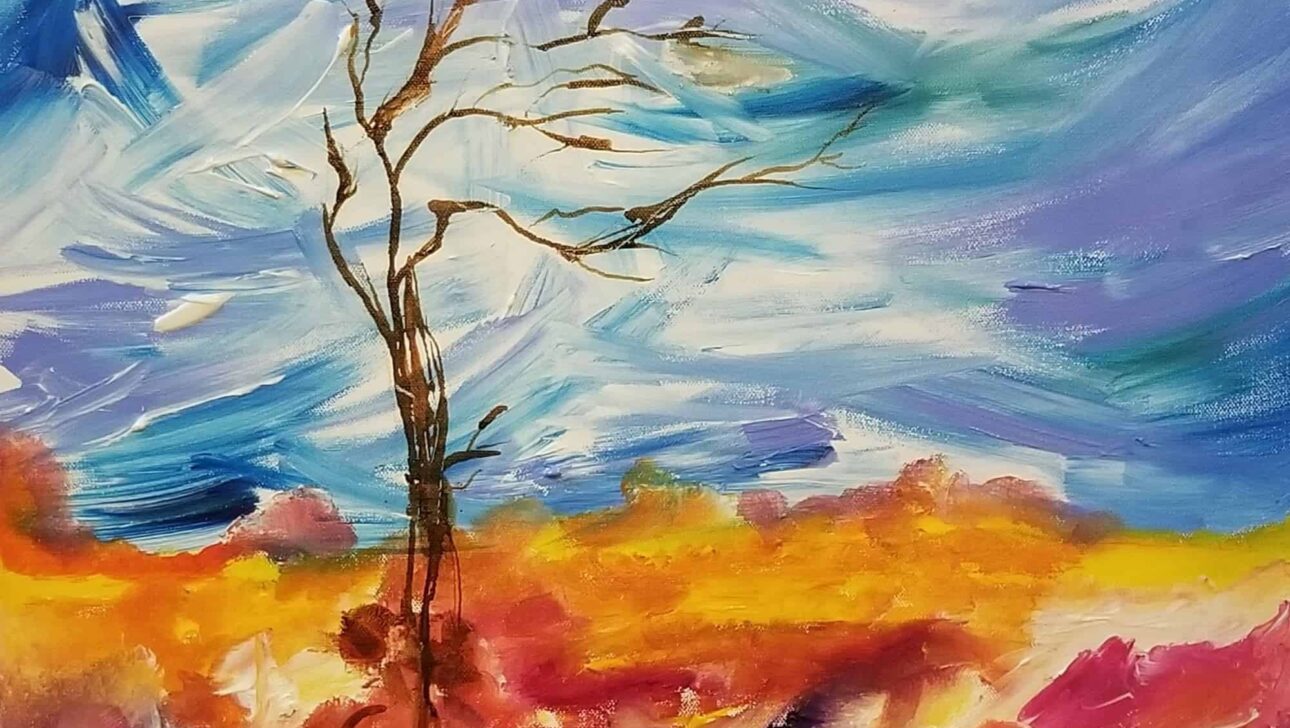 A painting of a lone tree in a field.