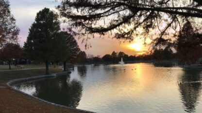 A park with a pond and trees at sunset.