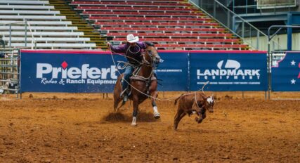 A rider competes in a rodeo event, focused on calf roping, inside an arena with red soil and tiered seating in the background.