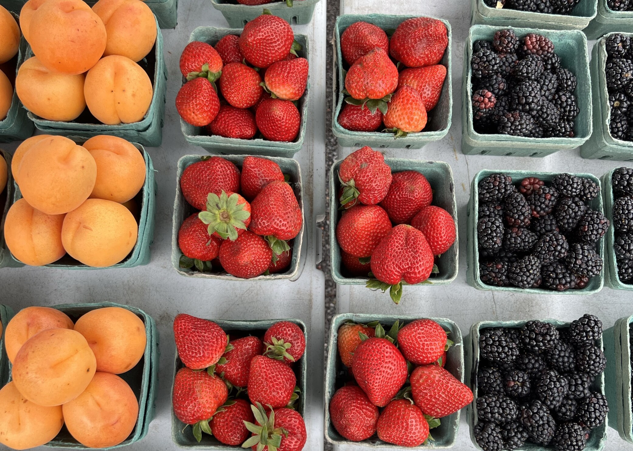 Containers of apricots, strawberries, and blackberries arranged in rows on a market display table.