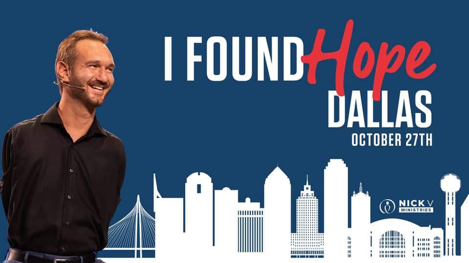 A man is smiling with the text "I Found Hope Dallas" and the date "October 27th" beside a skyline silhouette background.