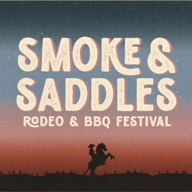 Text reads "Smoke & Saddles Rodeo & BBQ Festival" with a silhouette of a cowboy on a bucking horse against a sunset background.