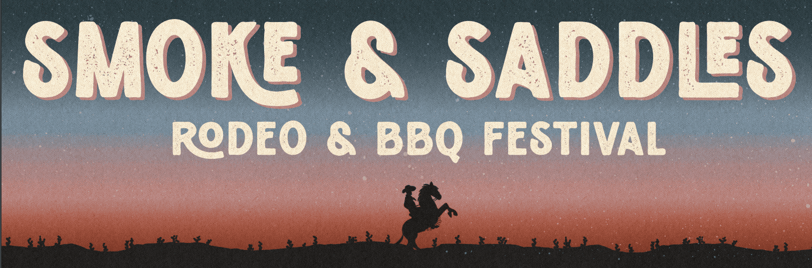Smoke & Saddles Rodeo & BBQ Festival" text with a silhouette of a cowboy on a bucking horse against a gradient sky.