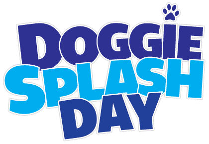 Logo with bold blue text reading "Doggie Splash Day" and a small paw print graphic above the letter "I".