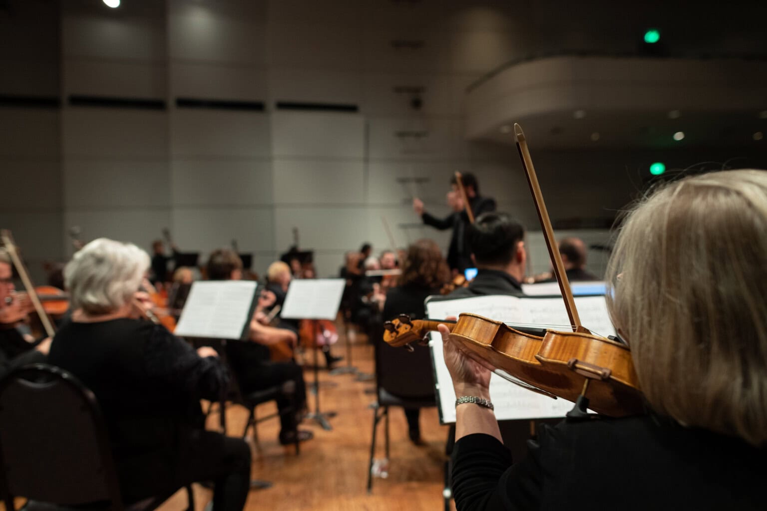 Orchestra musicians seated on stage, playing string instruments, with a conductor leading in the background.