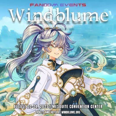 Illustrated character with multicolored hair and ornate outfit stands before a scenic landscape. Text promotes Windblume fandom event, August 22-24, 2025, at Mesquite Convention Center.