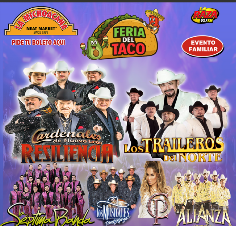 Poster for "Feria del Taco" event featuring images of musical groups and artists, event sponsors, and promotional text in Spanish.