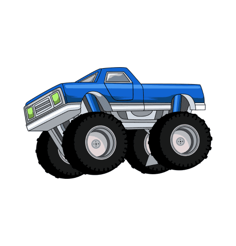 Illustration of a blue monster truck with oversized black tires on a white background.