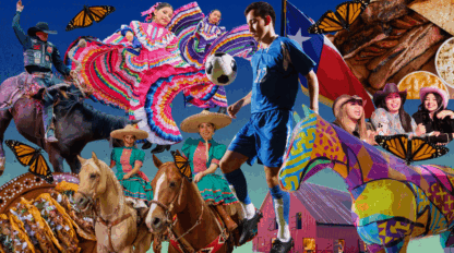 A collage of Mexican cultural elements, including folkloric dancers, charros on horses, tacos, women in sombreros, a soccer player, the Mexican flag, and monarch butterflies.