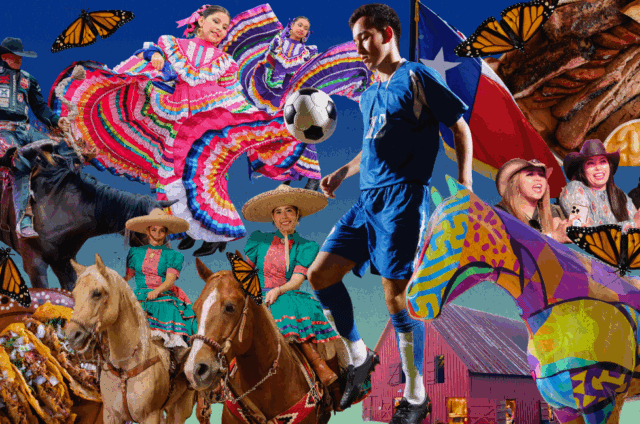 A collage of Mexican cultural elements, including folkloric dancers, charros on horses, tacos, women in sombreros, a soccer player, the Mexican flag, and monarch butterflies.