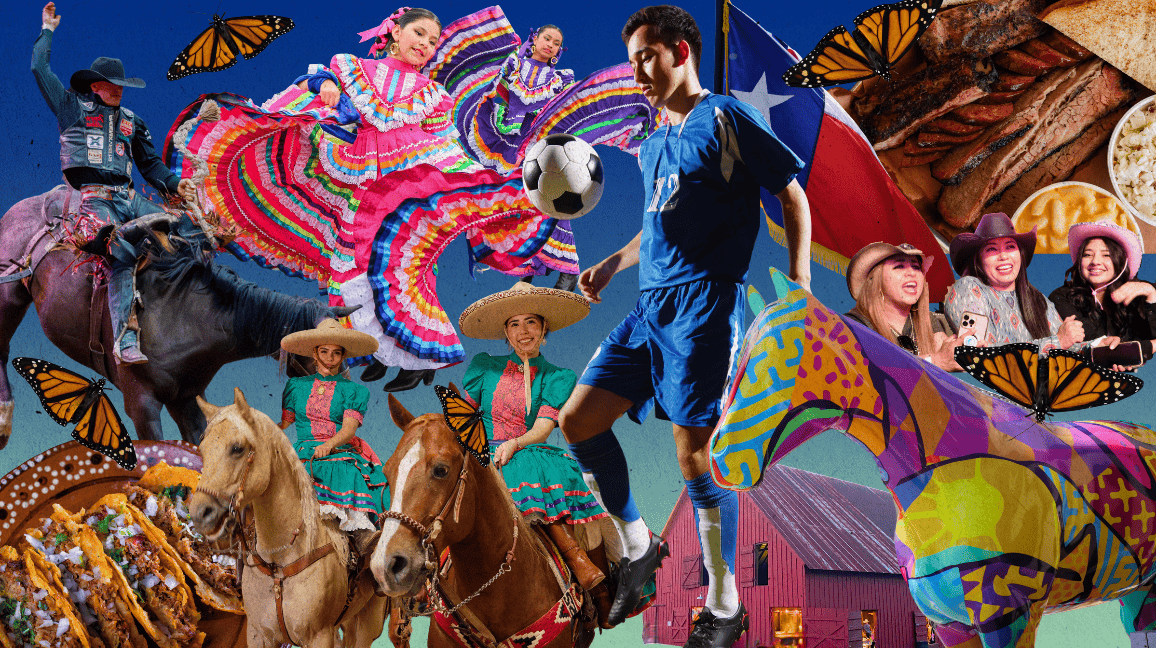 A collage of Mexican cultural elements, including folkloric dancers, charros on horses, tacos, women in sombreros, a soccer player, the Mexican flag, and monarch butterflies.